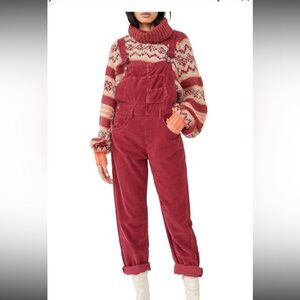 NWT Sz L Free People Corduroy Overalls Garnet Royal